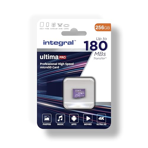 Integral Tarjeta Micro SD de 256GB vídeo 4K Velocidad de Lectura 180 MB/s y Velocidad de Escritura 150MB/s MicroSDXC A2 C10 U3 UHS-I 180-V30 Nuestra Tarjeta de Memoria SD de Alta Velocidad más rápida – (20,95€)