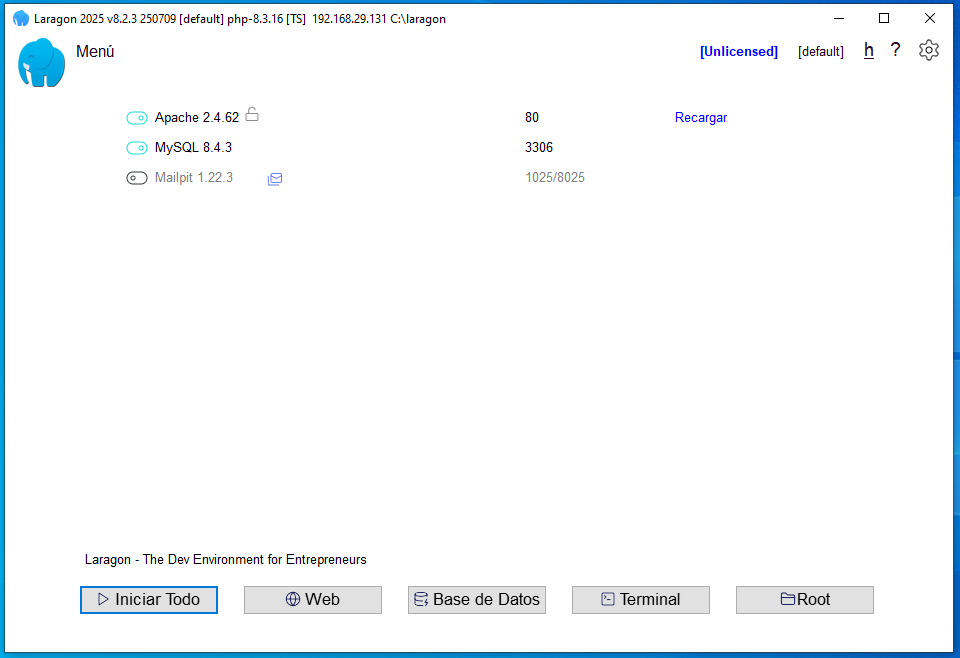 Instalar Moodle 5.0.1 en Windows con Laragon - Habilitar apache y mysql