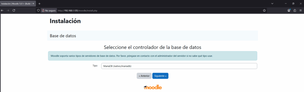 Instalar Moodle 5.0.1 en Ubuntu 24.04 - Selección de base de datos