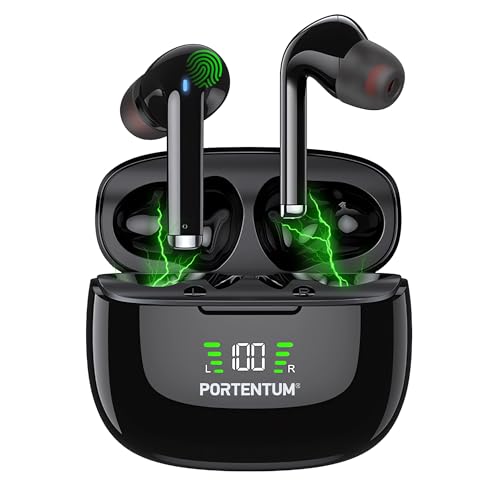 PORTENTUM Auriculares inalambricos Bluetooth 6.0 – Cancelación de Ruido Hybrid ANC + ENC – 60h – Cascos Control táctil Impermeables IPX6 – Pantalla LED – Graves HiFi 10 mm – Ajuste cómodo – USB-C – (19,99€)